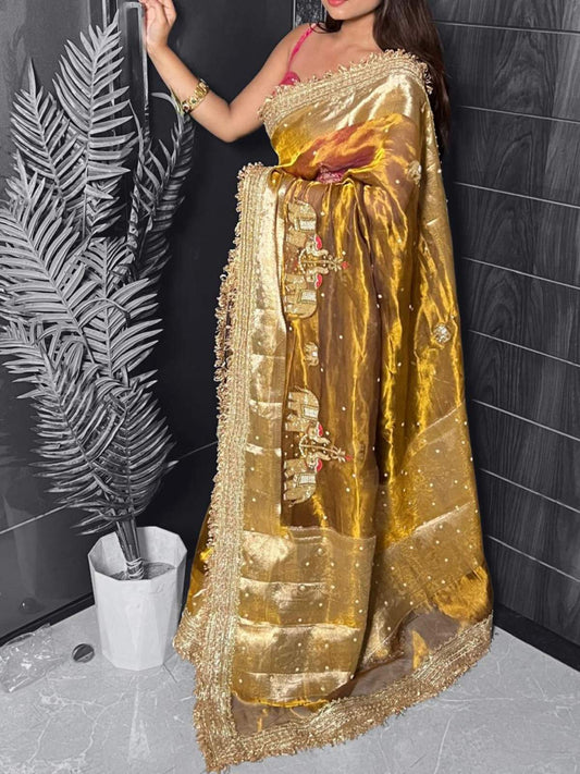  Mehendi Green Gajraaj Hand-Embroidered Tissue Silk Saree
