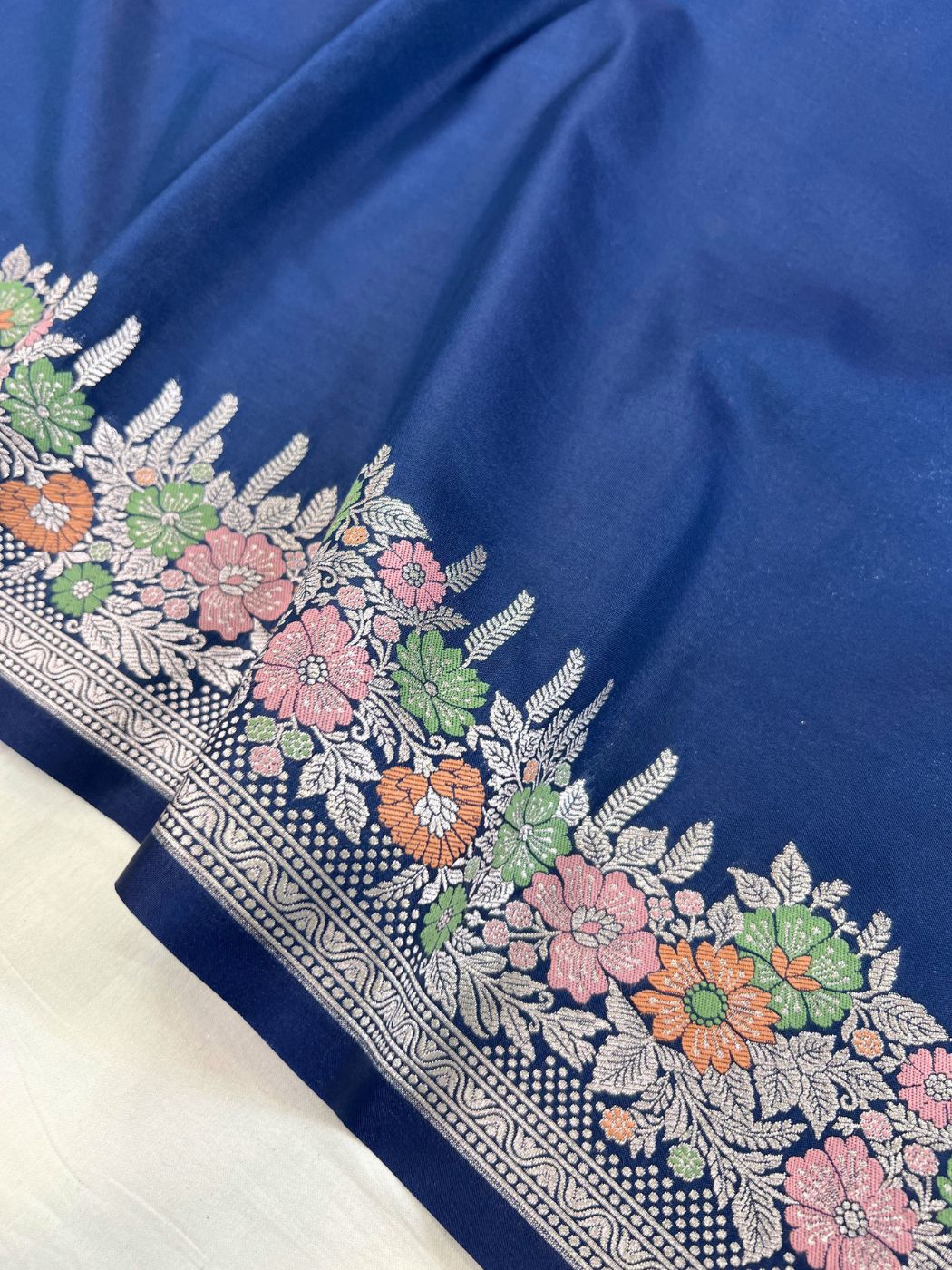Navy Blue Katan Silk Saree Closeup View 01