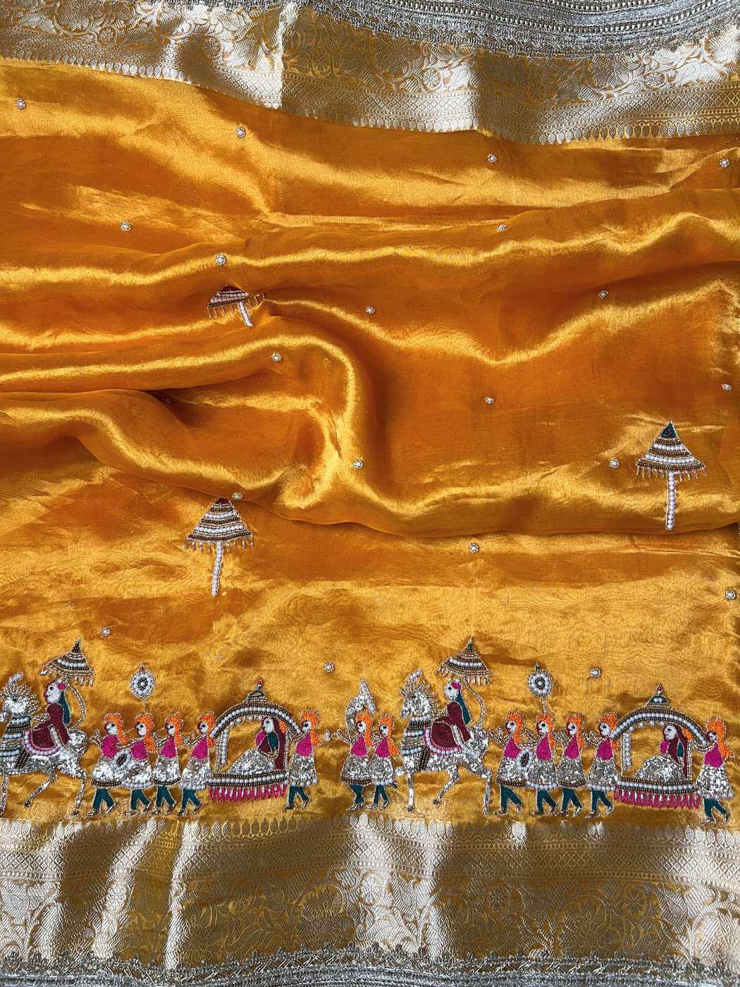 Yellow Barat Banarasi silk saree designed for traditional wedding processions