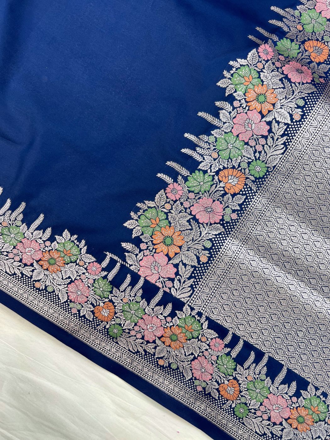 Navy Blue Katan Silk Saree Closeup View 02