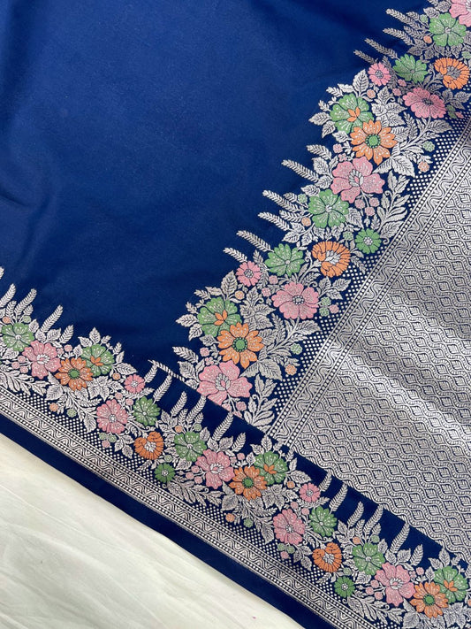 Navy Blue Katan Silk Saree Closeup View 02