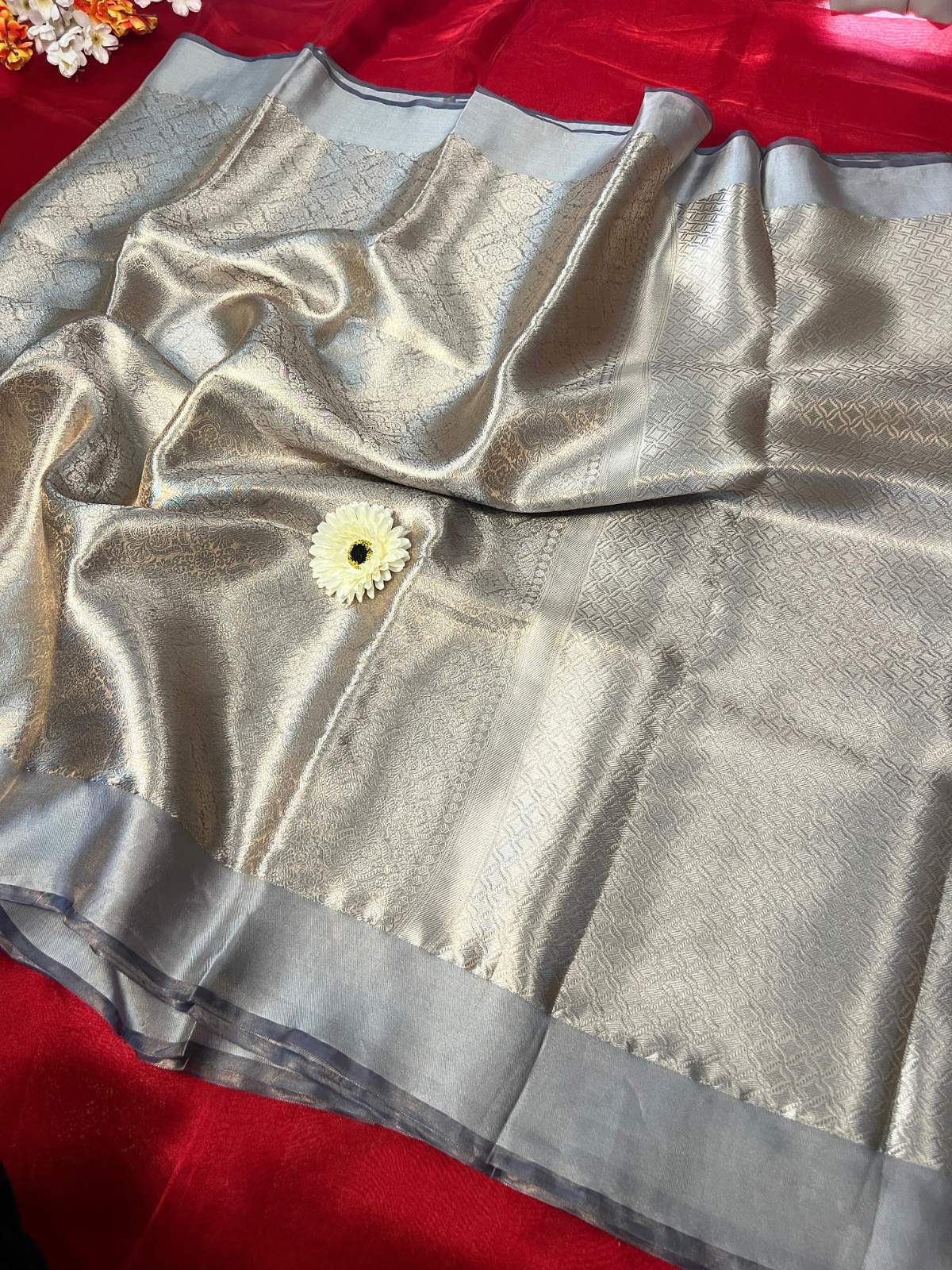 Ash Grey Brocade Tissue Silk