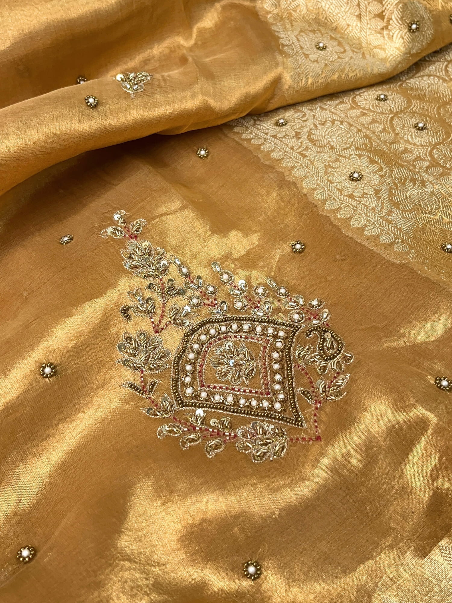 "Hand-embroidered golden pure Banarasi tissue silk saree - mantvya banaras