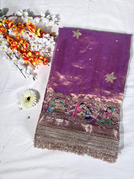 Lavender Banarasi Tissue Silk Saree Godh Bharai with Hand Embroidered Baby Shower front view