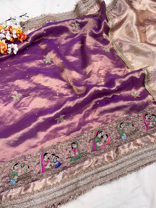 Lavender Banarasi Tissue Silk Saree Godh Bharai with Hand Embroidered Baby Shower full view