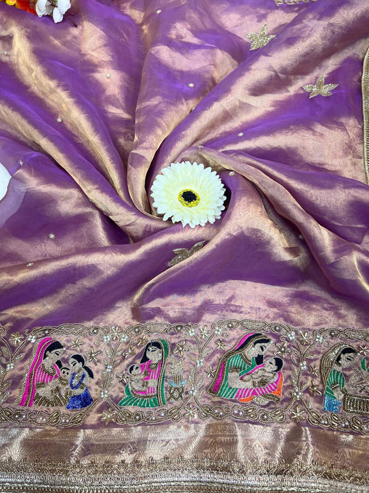 Lavender Banarasi Tissue Silk Saree Godh Bharai with Hand Embroidered Baby Shower closeup view