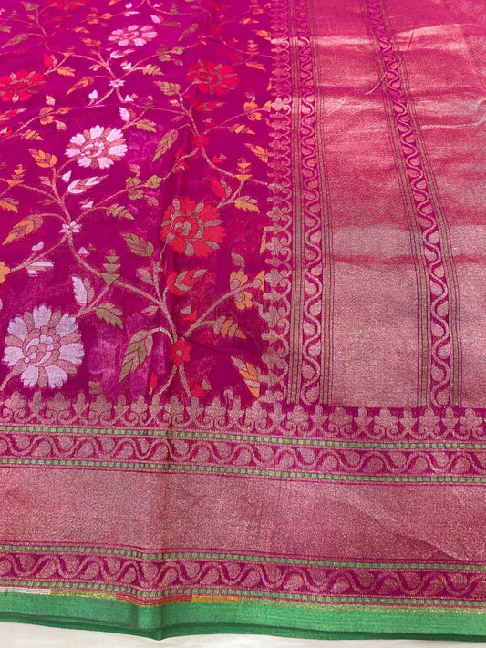 Hot Pink Cotton Jamdani Saree with floral vine closeup view