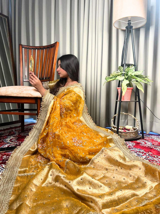 Mustard yellow Gold Roshani silk saree with rich golden detailing