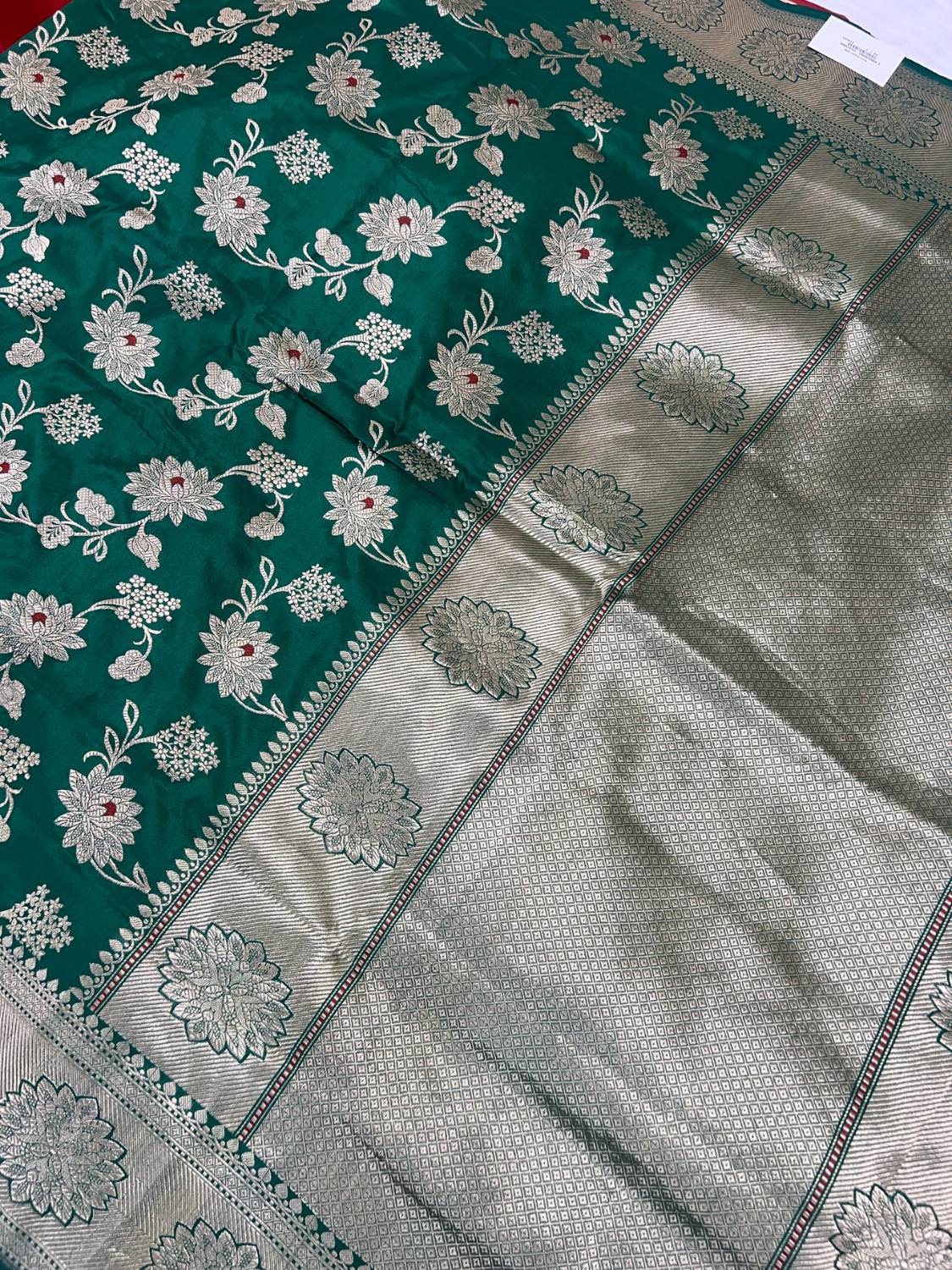  Dark Green Katan Silk Saree with floral vine full view