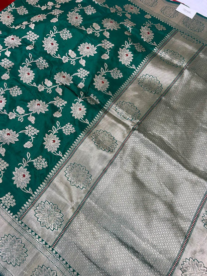  Dark Green Katan Silk Saree with floral vine full view