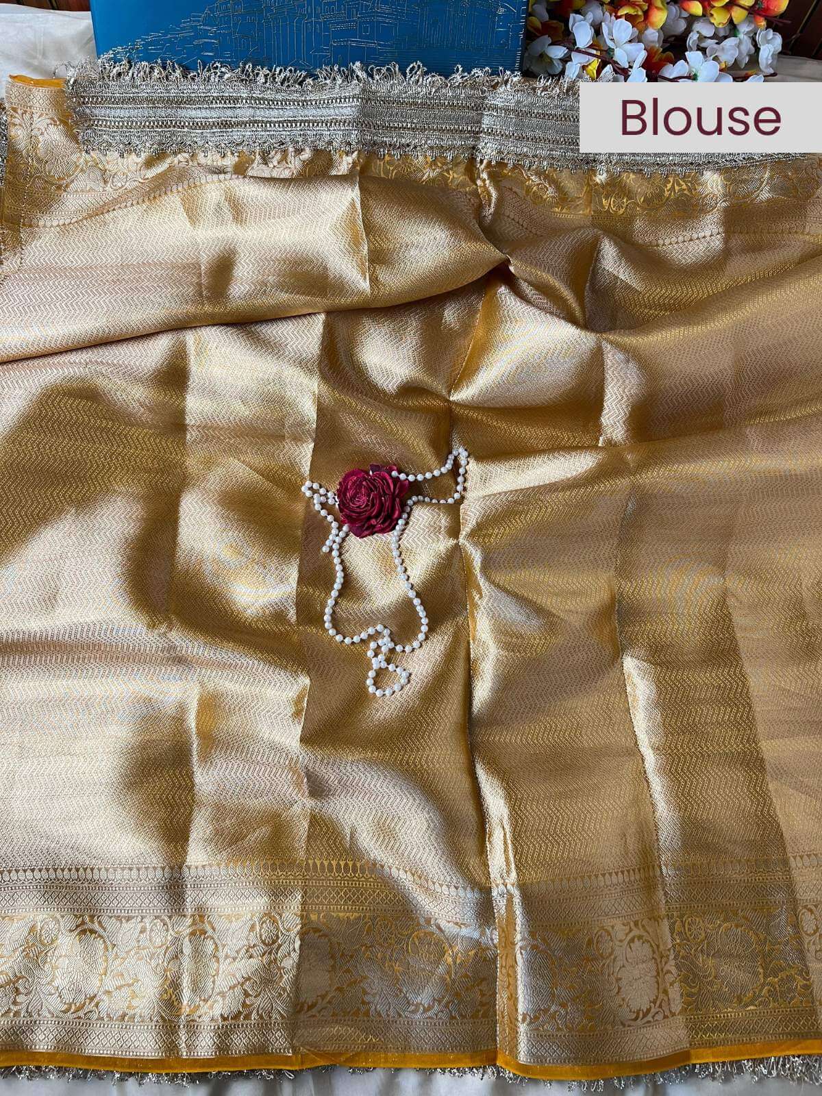 Yellow Barat Banarasi silk saree blouse designed for traditional wedding processions