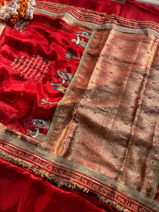 Royal Red Tissue Silk Saree Saat Vachan with Hand-embroidered Saat Vachan full view