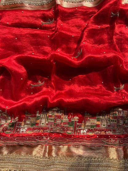 Royal Red Tissue Silk Saree Meena Ghat with Hand Embroidered Banarasi Ghat closeup view