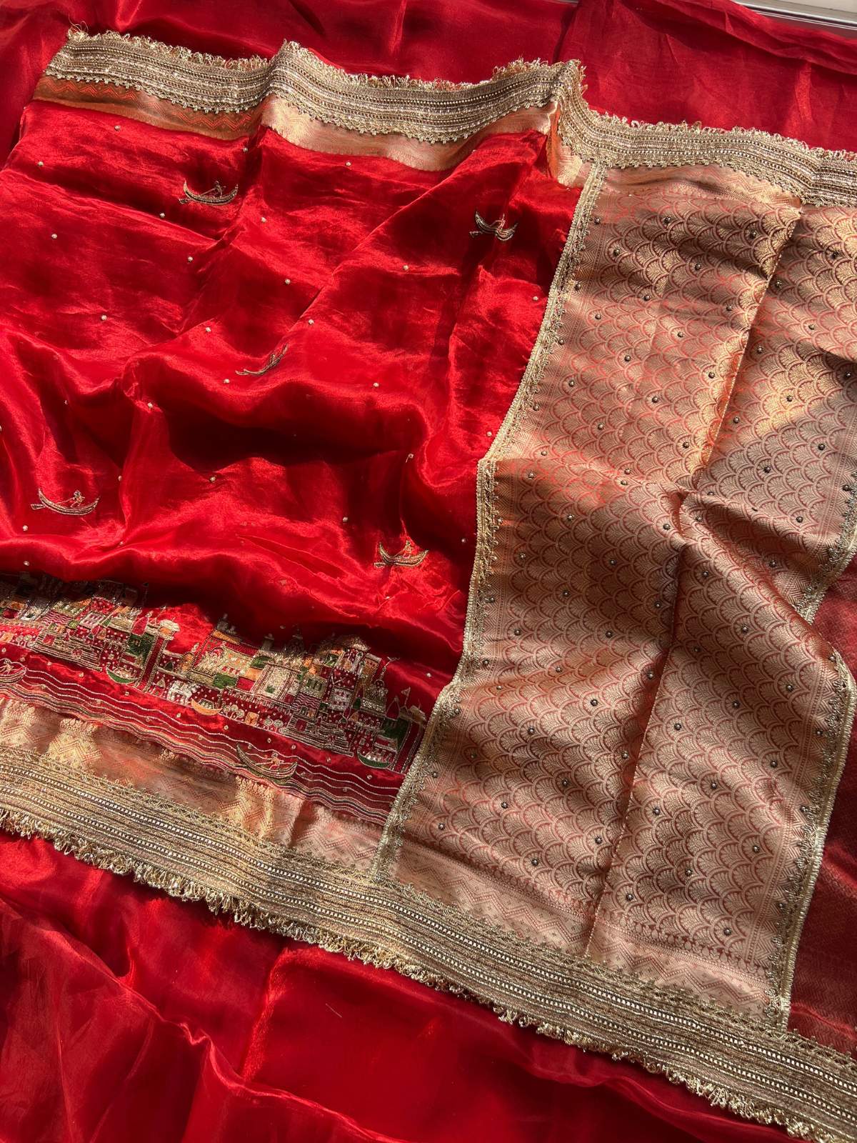 Royal Red Tissue Silk Saree Meena Ghat with Hand Embroidered Banarasi Ghat full view