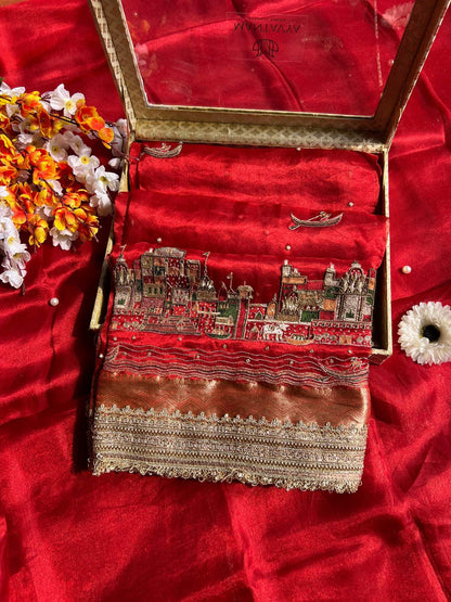 Royal Red Tissue Silk Saree Meena Ghat with Hand Embroidered Banarasi Ghat front view