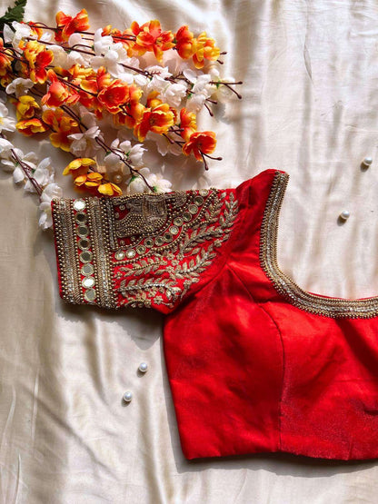 Royal red Banarasi Tissue silk blouse with classic festive styling sleeves view