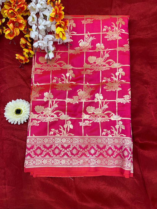 Pink Katan Silk Saree with floral front view 