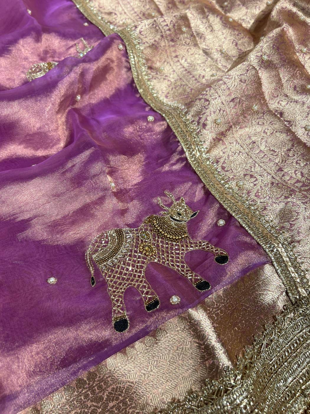Lavender Tissue Silk Saree Nandi  with Hand Embroidered Closeup view