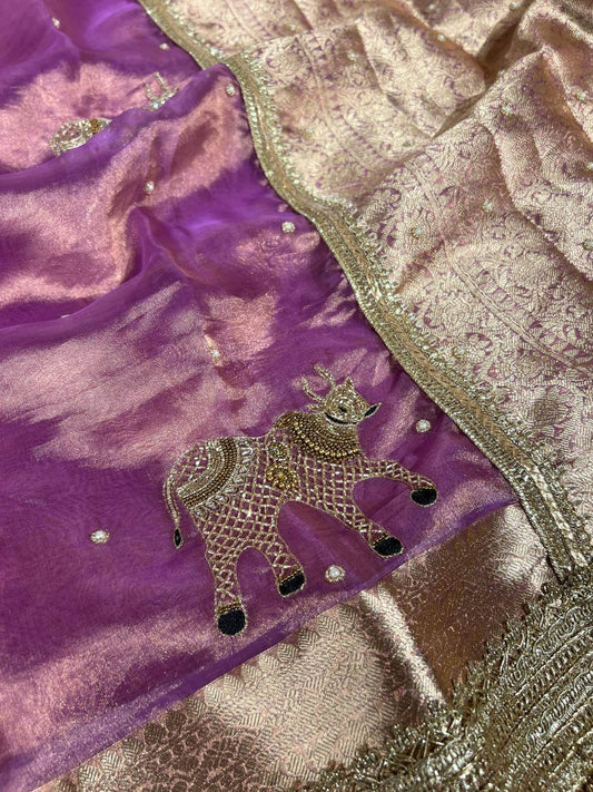 Lavender Tissue Silk Saree Nandi  with Hand Embroidered Closeup view