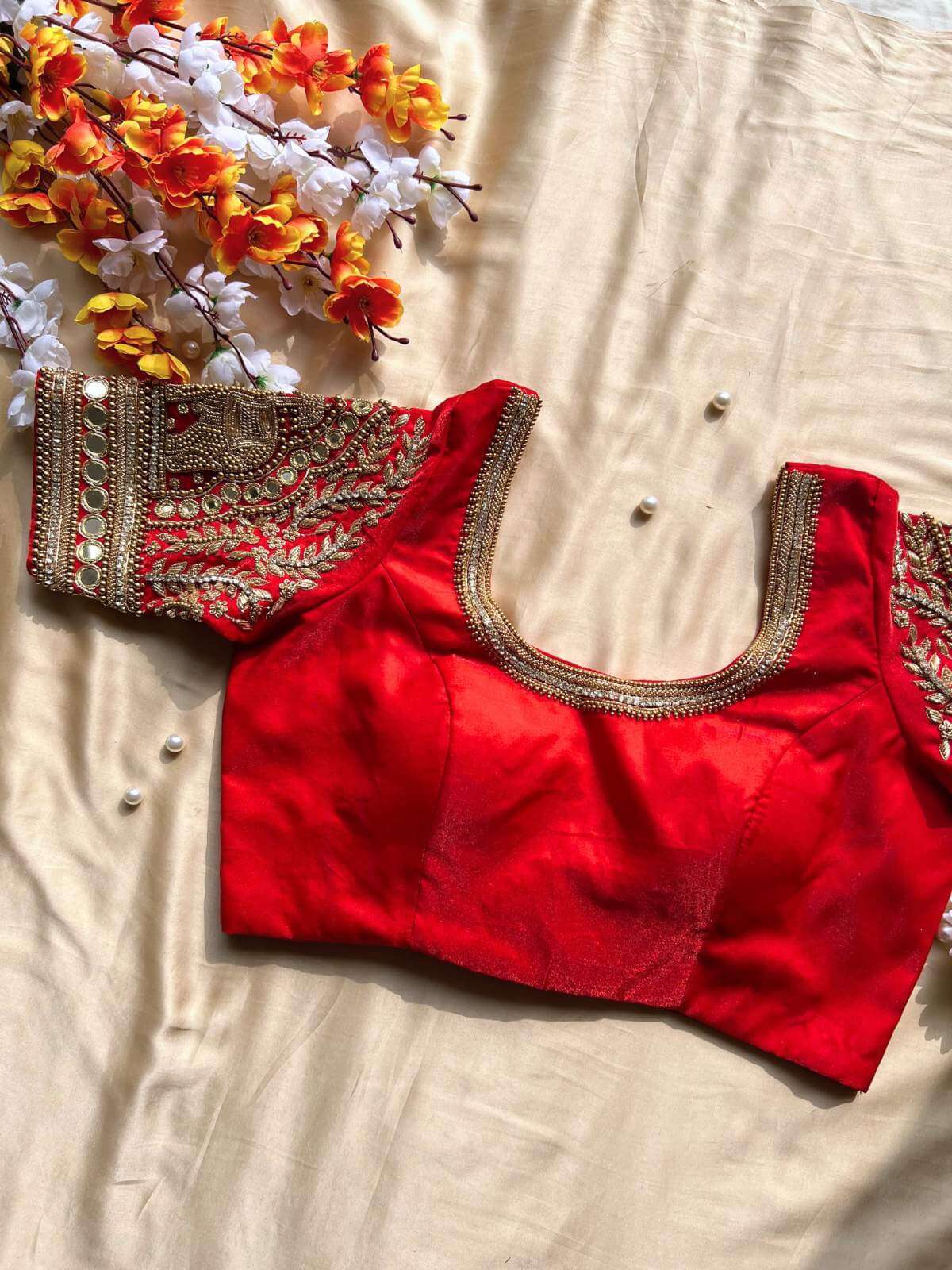 Royal red Banarasi Tissue silk blouse with classic festive styling front view