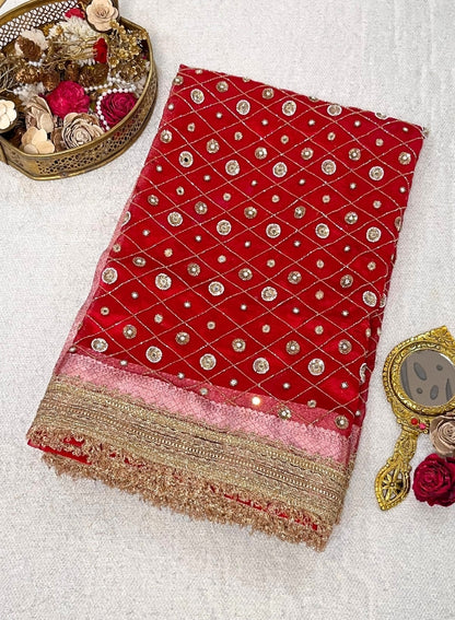 Hand Embroidered Red Bridal Banarasi Tissue Silk Saree with Zari Border and Embroidered Pallu, Perfect for Weddings and Festive Wear