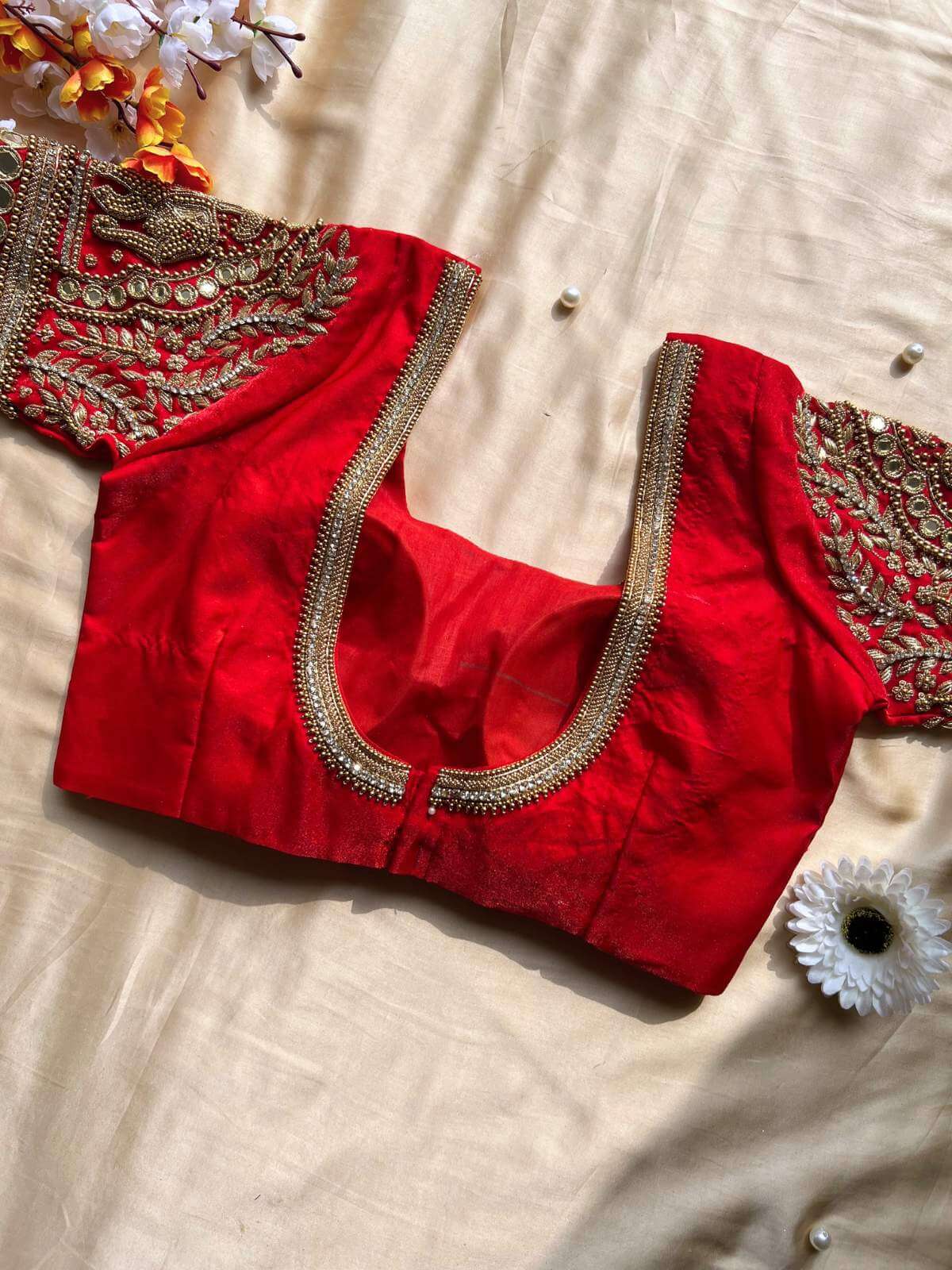 Royal red Banarasi Tissue silk blouse with classic festive styling with back view