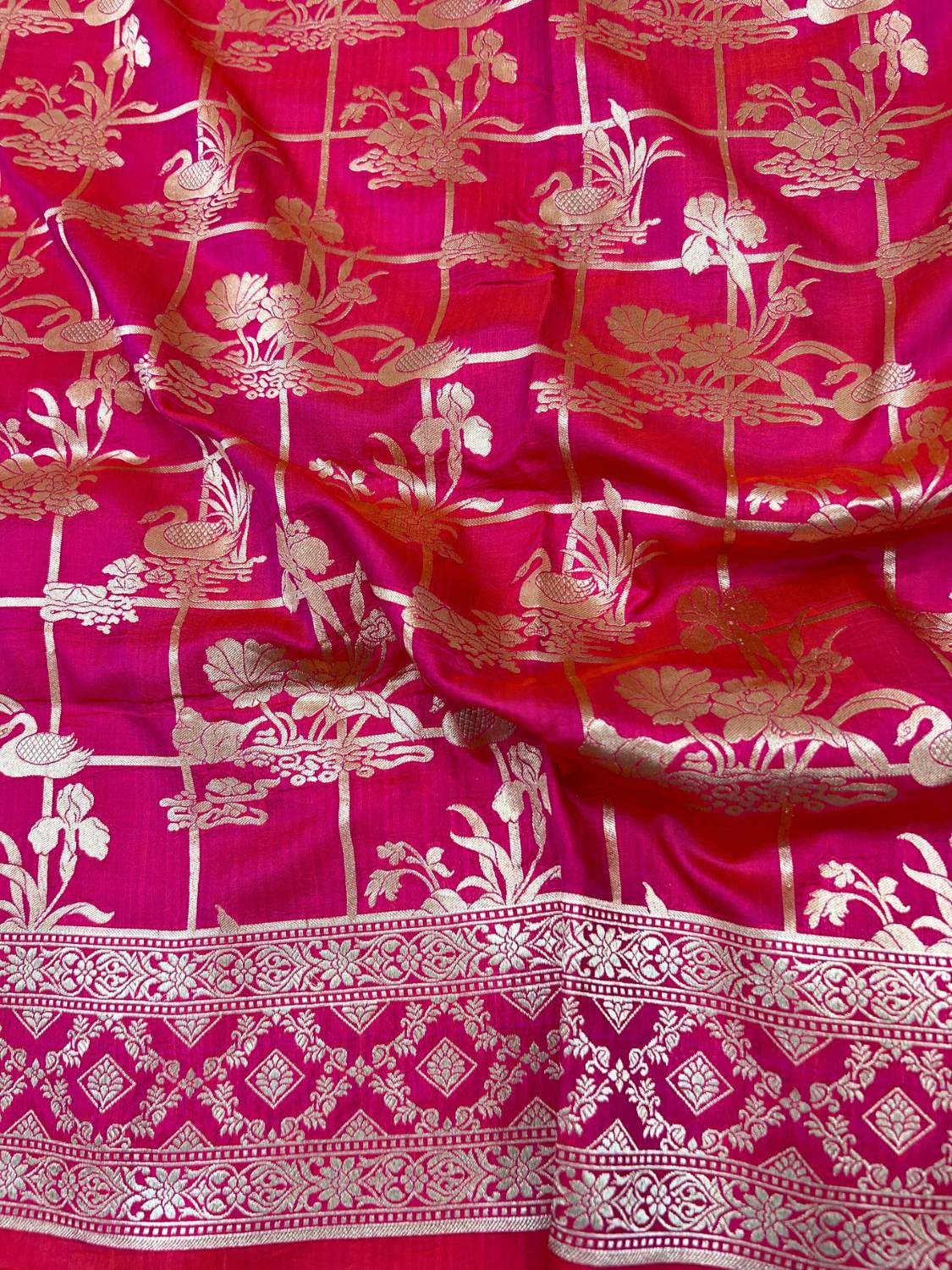 Pink Katan Silk Saree with floral closeup view 