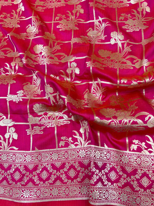 Pink Katan Silk Saree with floral closeup view 