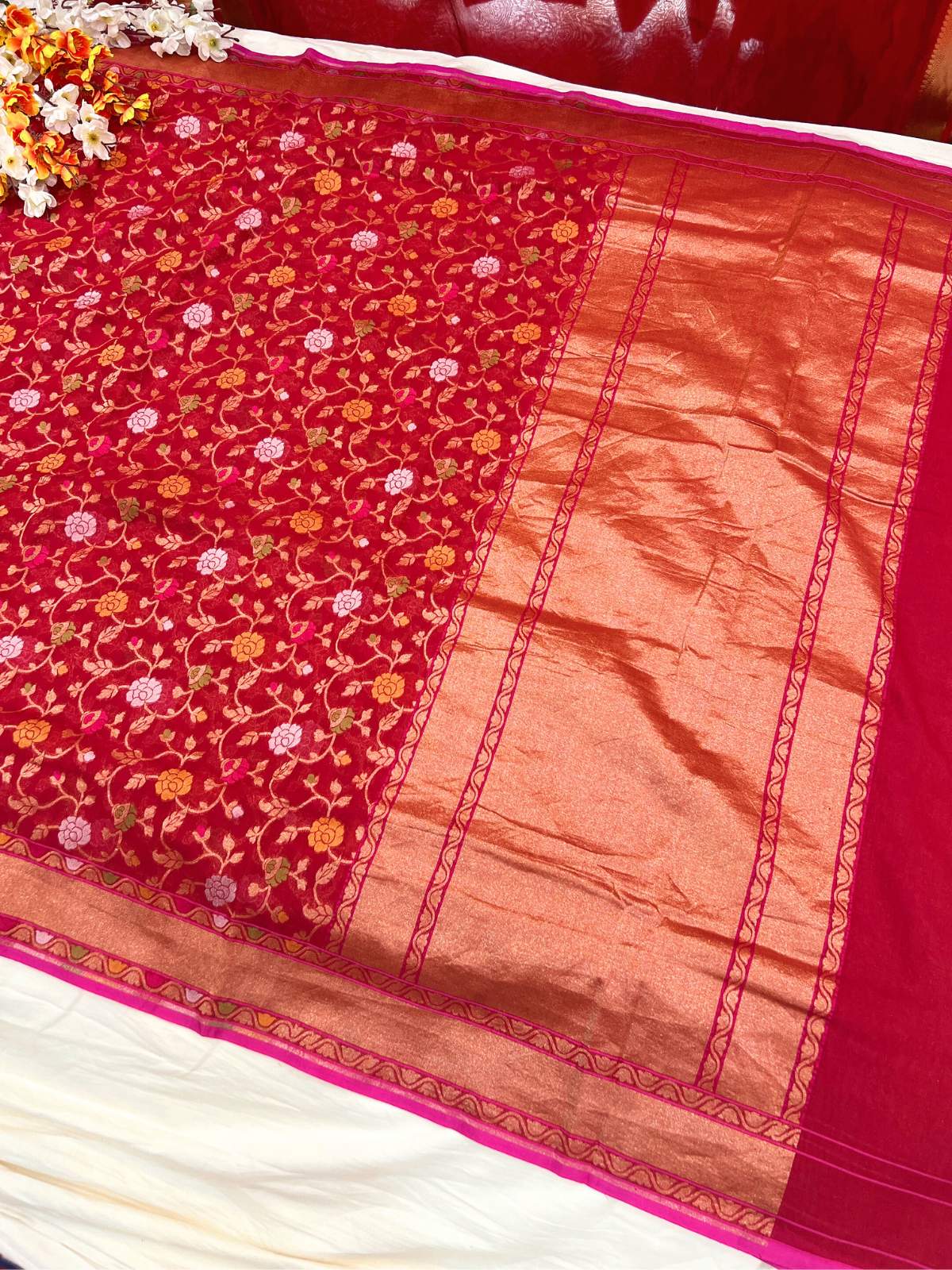 Red Cotton Jamdani Saree with floral vine full view