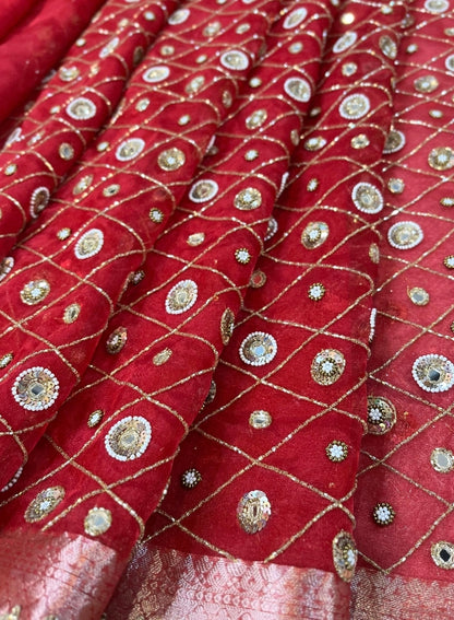 Hand Embroidered Red Bridal Banarasi Tissue Silk Saree with Zari Border and Embroidered Pallu, Perfect for Weddings and Festive Wear