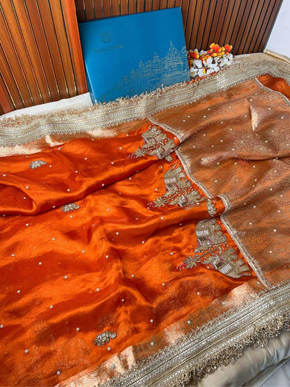 Orange Gajraaj Banarasi silk saree inspired by royal elephant motifs