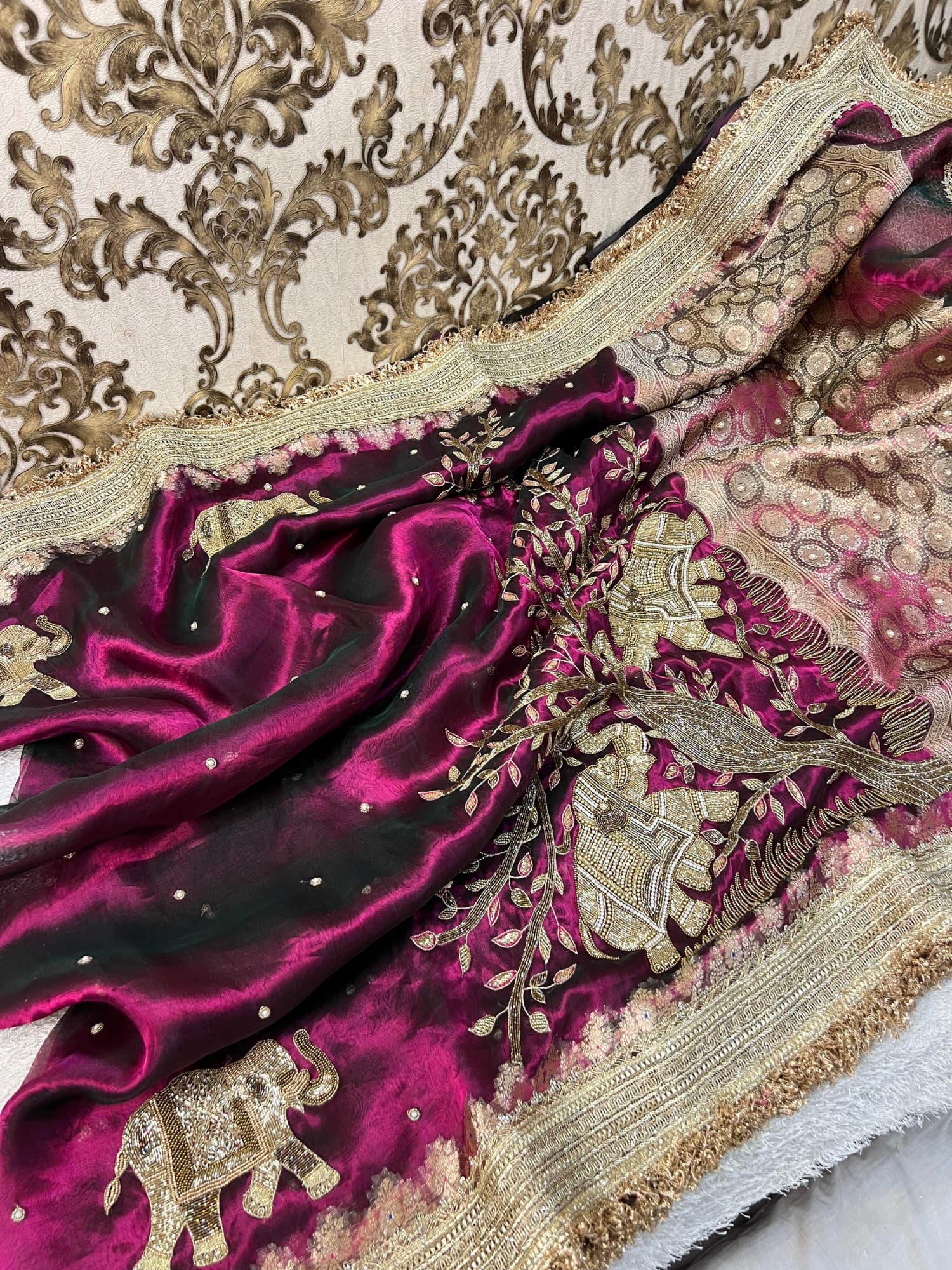 Wine Gajanan Banarasi silk saree inspired by Ganesh motif