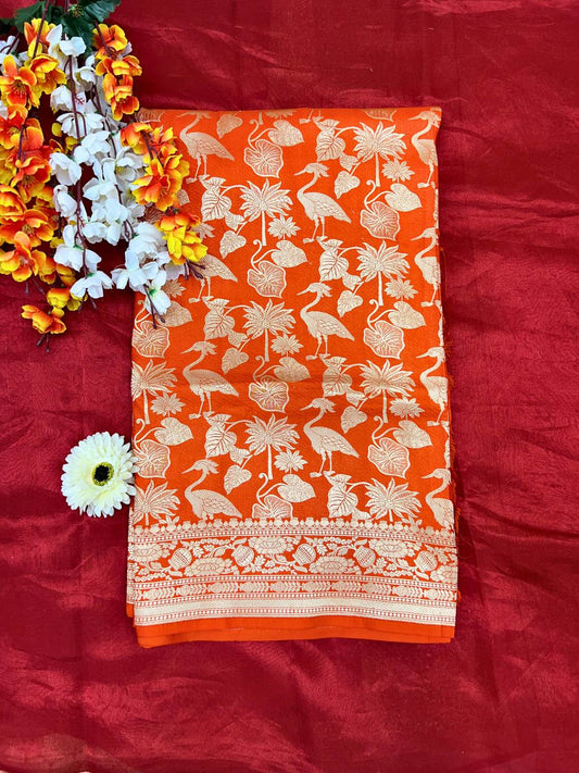Orange Katan Silk Saree with floral front view