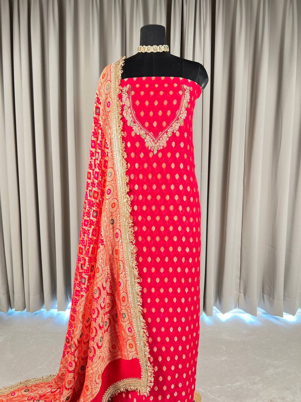 Red Bandhej Suit