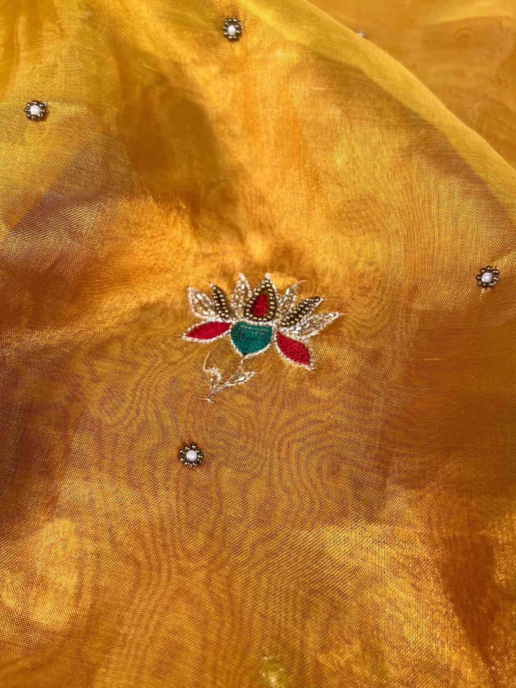 Yellow Tissue Silk Saree Shubharambh with Hand-embroidered Kalash Closeup view 02