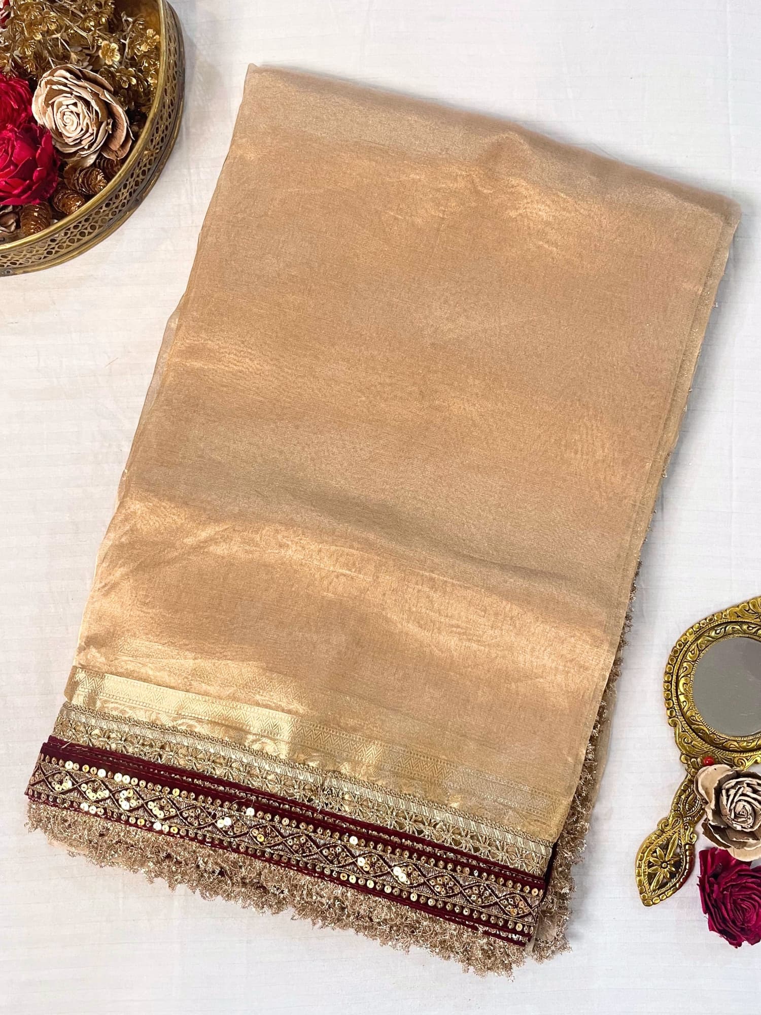 Golden Pure Banarasi Tissue Silk Saree with gota patti border, brocade aachal, and unstitched brocade blouse – handwoven Banarasi silk saree from Varanasi.