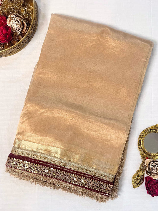 Golden Pure Banarasi Tissue Silk Saree with gota patti border, brocade aachal, and unstitched brocade blouse – handwoven Banarasi silk saree from Varanasi.