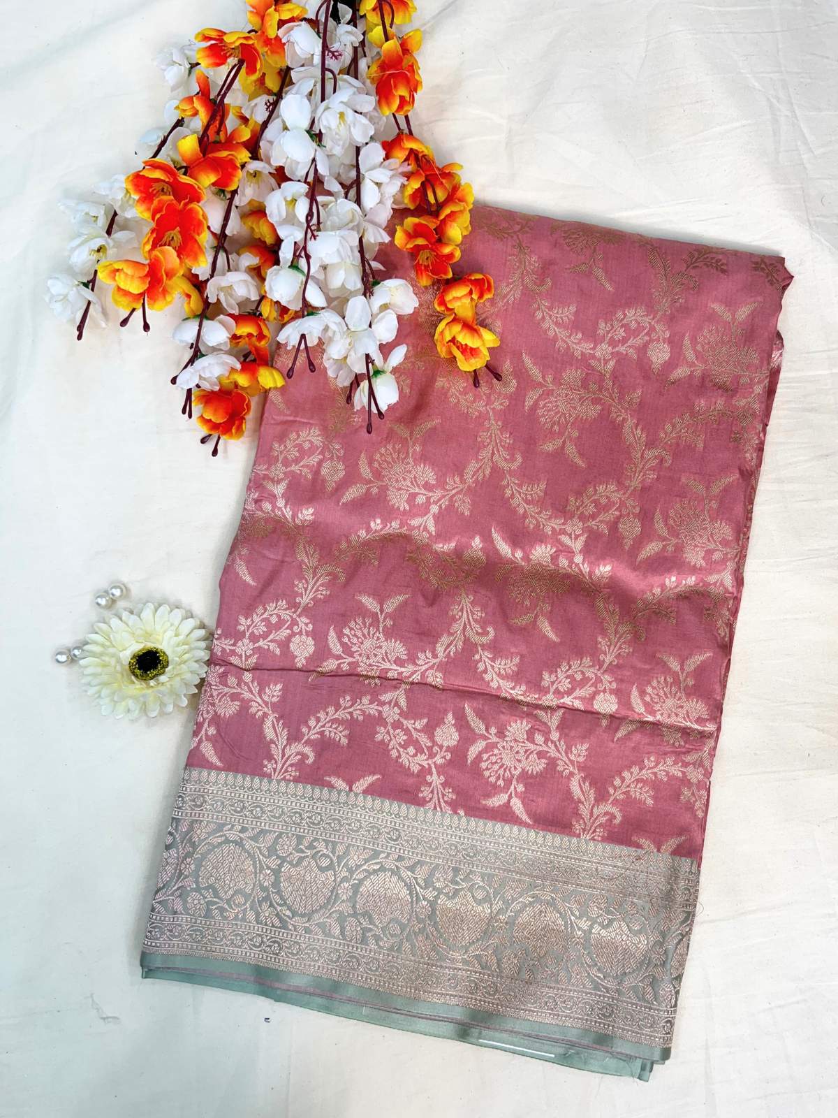 Dusty Rose Pink Katan Silk Saree with floral and vine front view