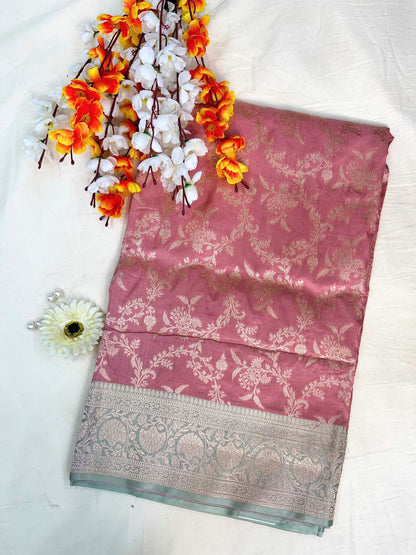 Dusty Rose Pink Katan Silk Saree with floral and vine front view