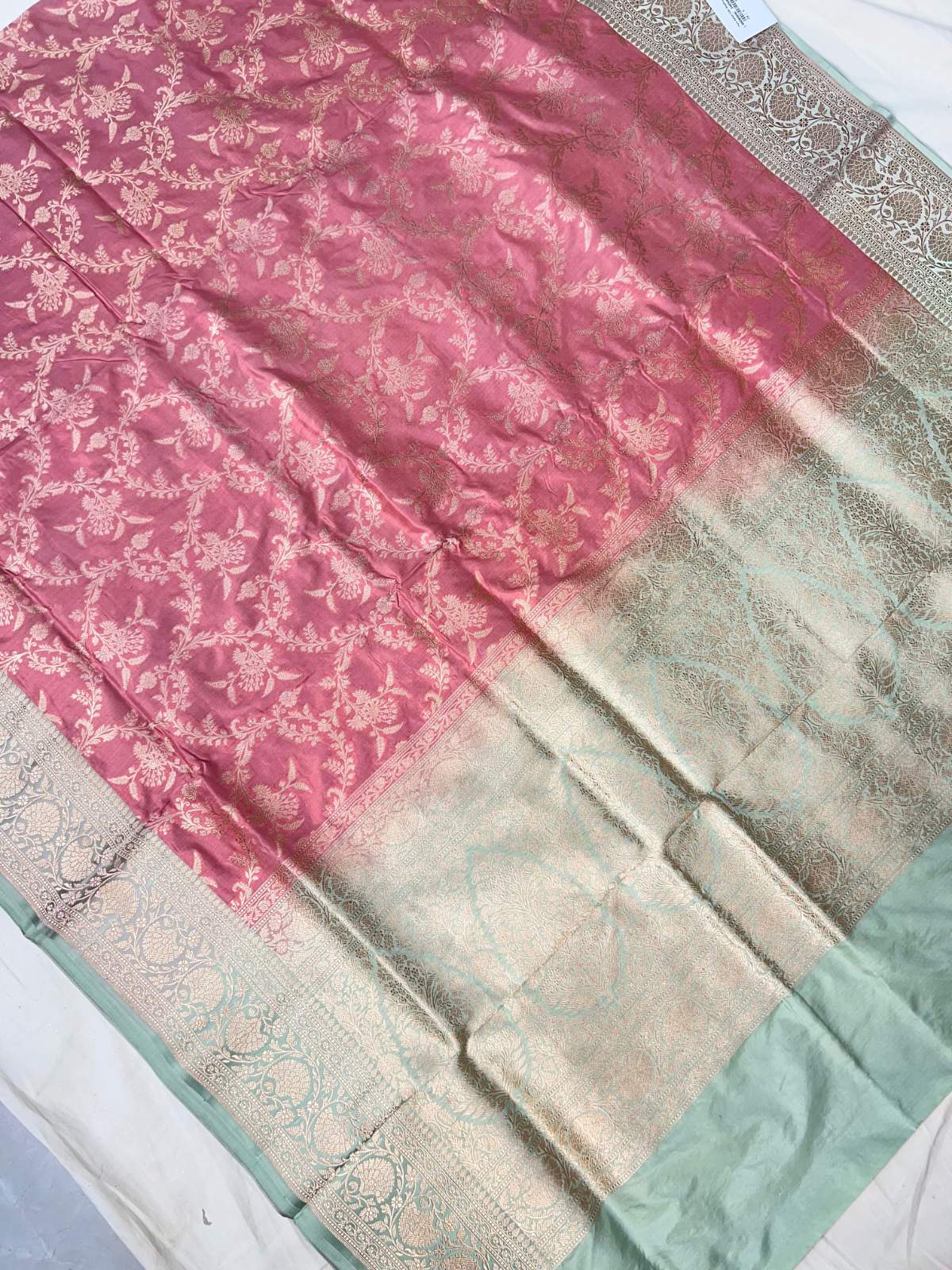 Dusty Rose Pink Katan Silk Saree with floral and vine full view