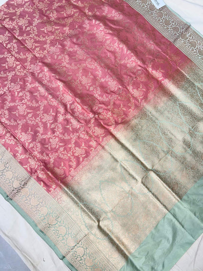 Dusty Rose Pink Katan Silk Saree with floral and vine full view