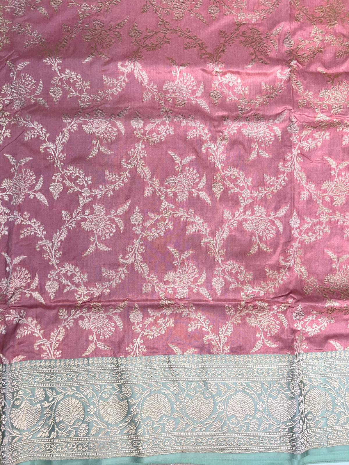 Dusty Rose Pink Katan Silk Saree with floral and vine closeup view