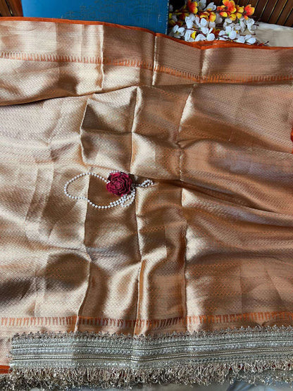 Orange Gajgamini Banarasi silk saree blouse inspired by royal elephant motifs