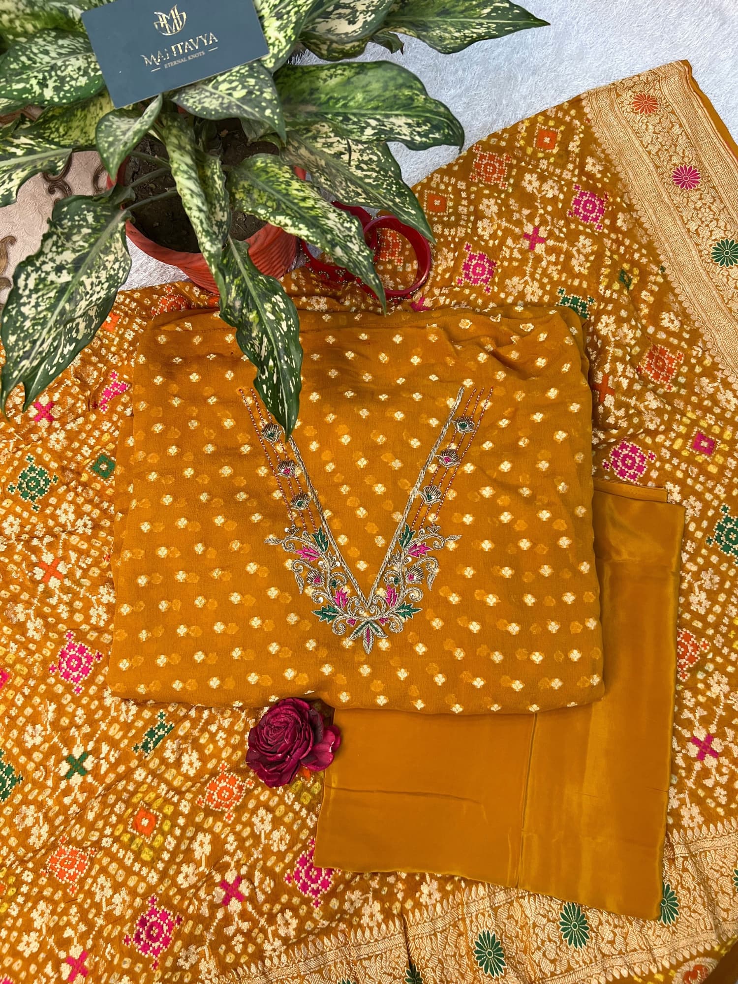 Mustard yellow Bandhej suit with traditional tie-dye pattern