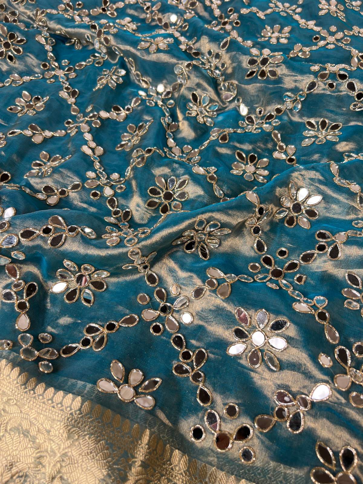 Powder Blue Tissue Silk Saree Aaina Banarasi With Hand Embroidery Closeup View 02