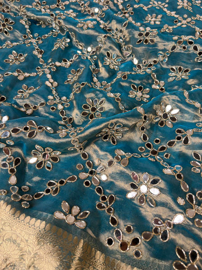 Powder Blue Tissue Silk Saree Aaina Banarasi With Hand Embroidery Closeup View 02