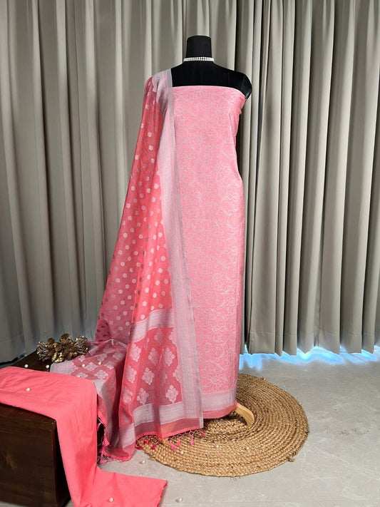 Pink Cotton Silk Suit with floral weave full view