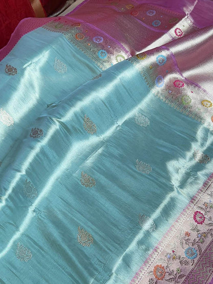 Aqua Blue Katan Silk Saree with floral closeup view 01