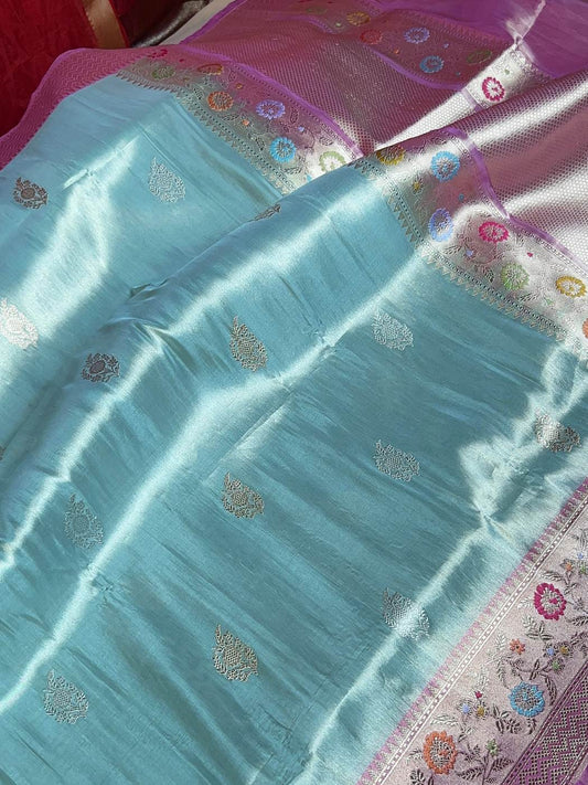 Aqua Blue Katan Silk Saree with floral closeup view 01