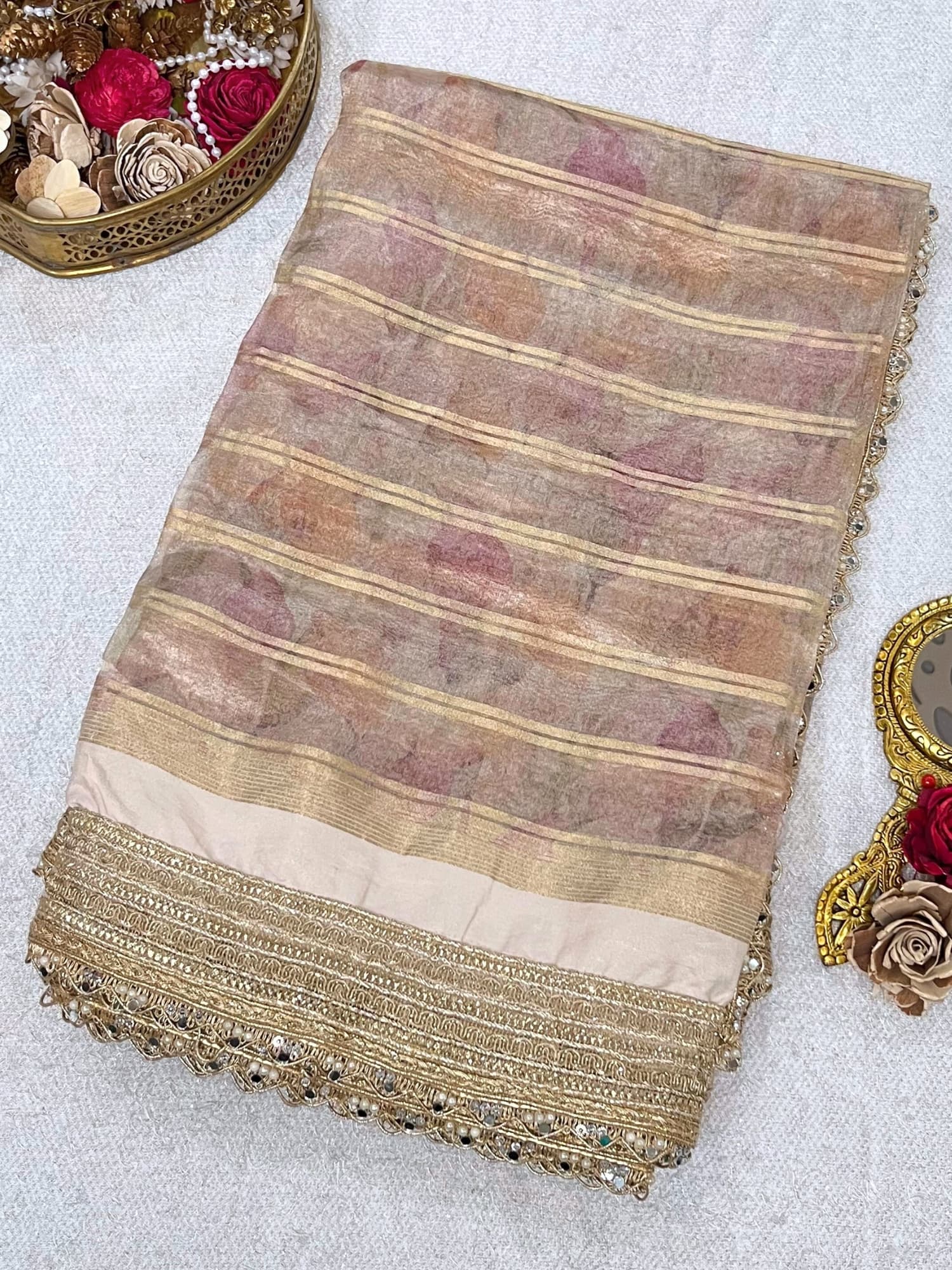 Golden Banarasi Tissue Silk Saree with gota patti border, brocade aachal, and unstitched brocade blouse – handwoven in Banaras.
